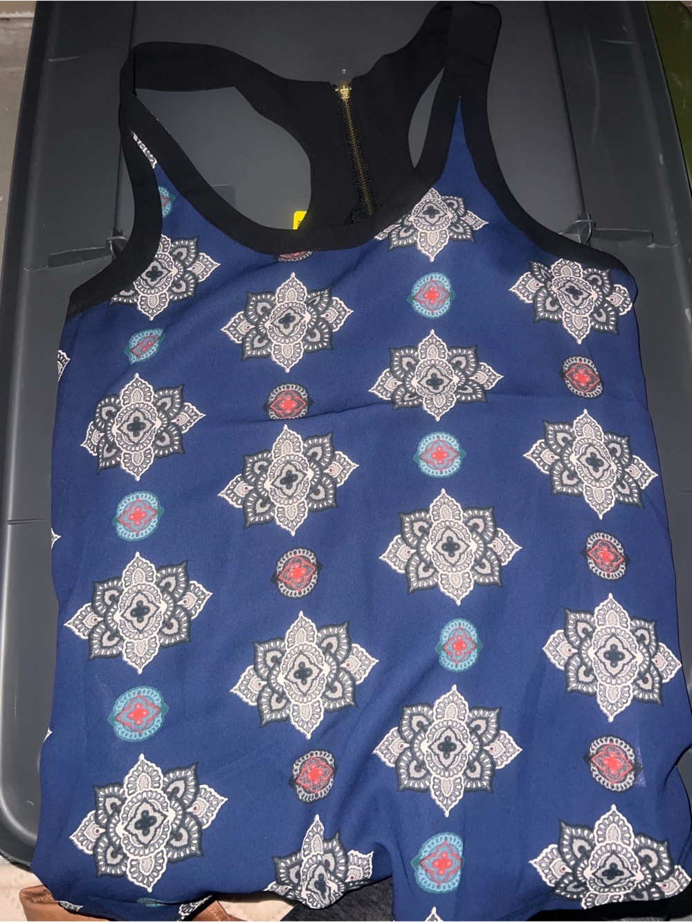 Express Navy Blue Medallion Print Top with Black Trim